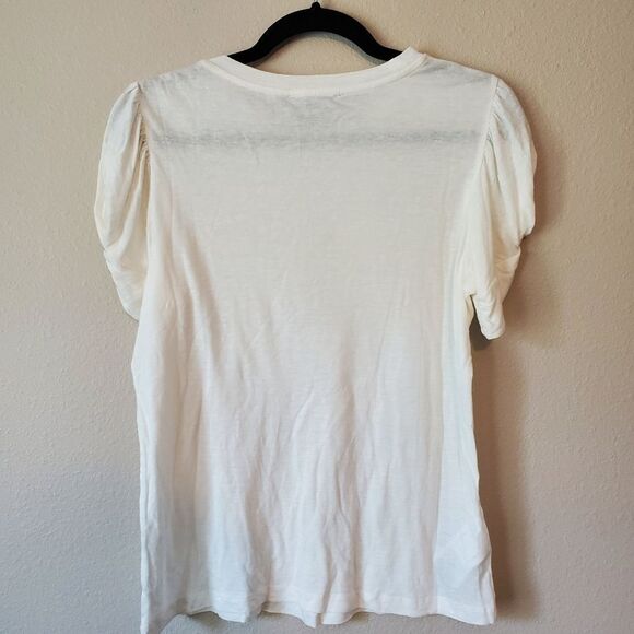 BCBGMAXAZRIA Linen-Blend Twisted Puff Sleeve White Tee - Picture 6 of 10